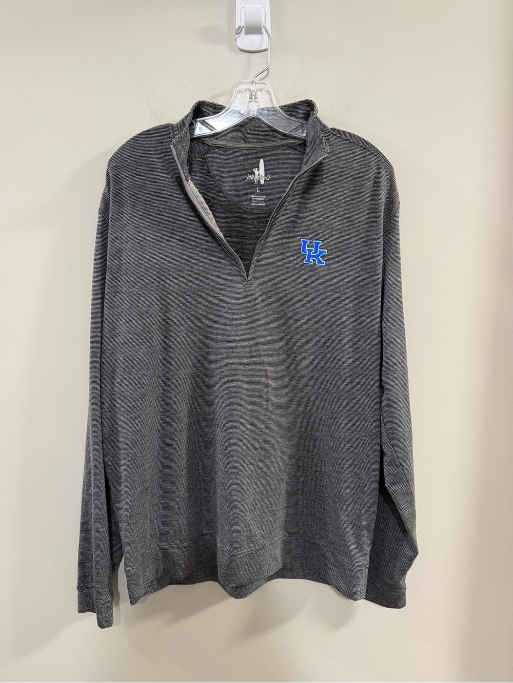 Men's johnnie-O Gray Quarter-Zip Pullover with Blue UK Logo. Size L